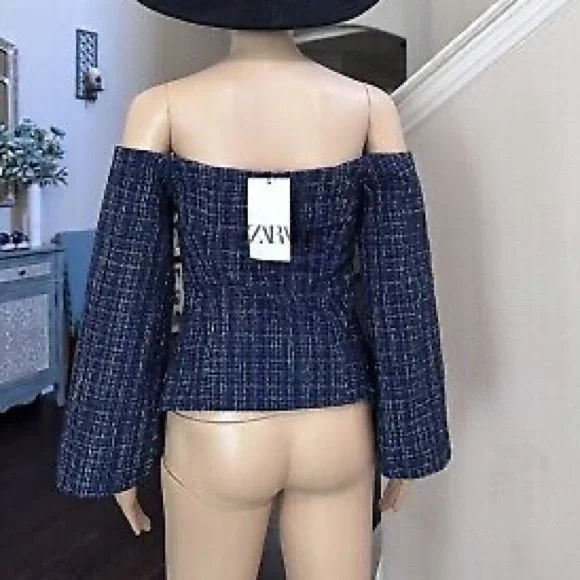 Zara Blue Tweed Textured Off the Shoulder Top - Picture 7 of 9